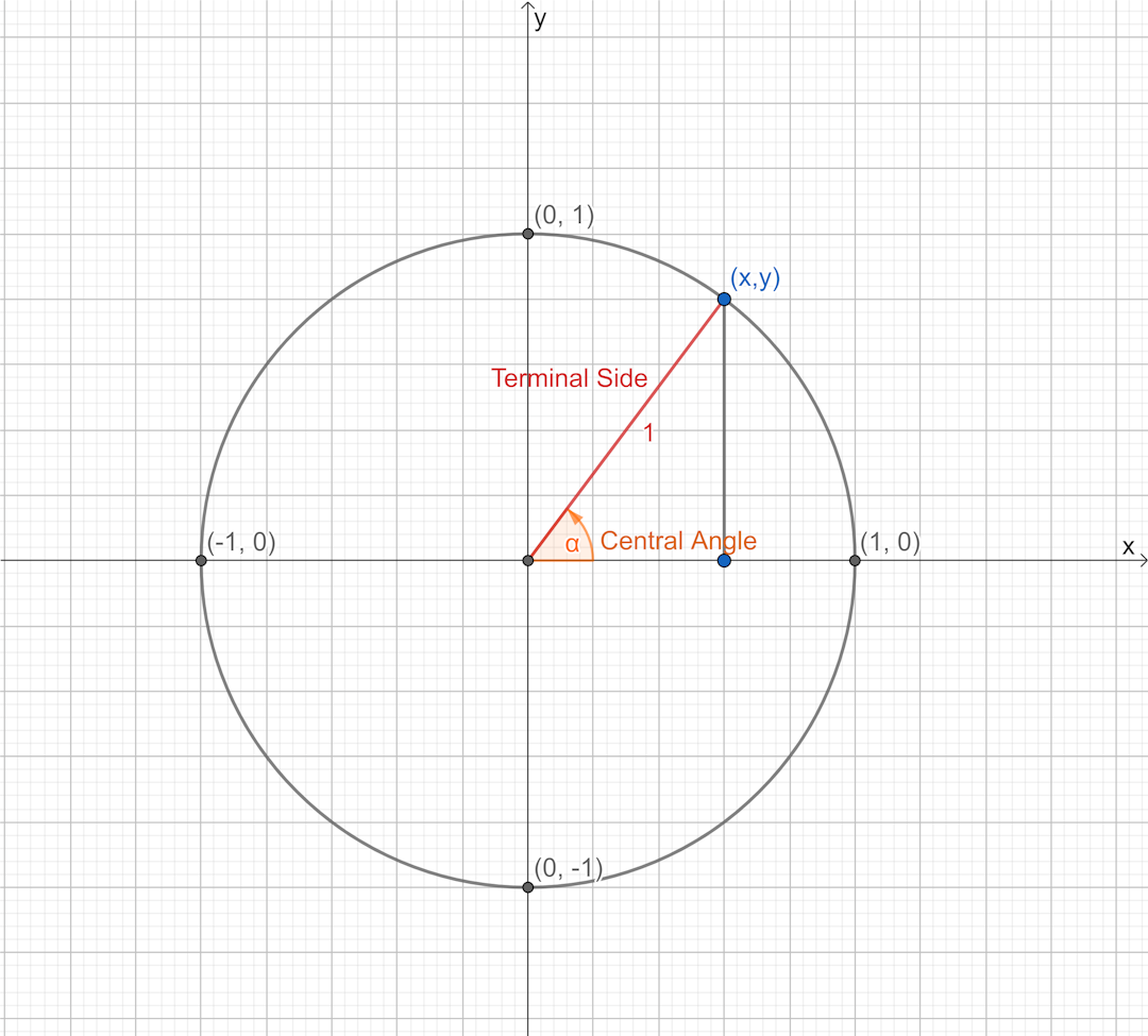 A unit circle with terminal side and central angle labelled